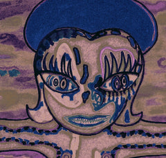 Abstract artwork with a stylized face in blue and purple tones on a textured background.