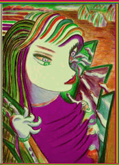 computer girl, with mirror make up, and finger coat