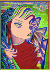 computer girl, with mirror make up, and finger coat