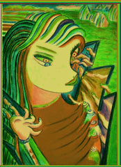computer girl, with mirror make up, and finger coat