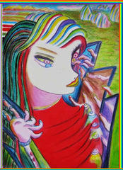 computer girl, with mirror make up, and finger coat