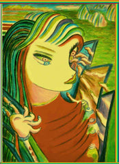 computer girl, with mirror make up, and finger coat