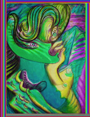 devil women with biting hand bag