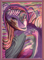 computer women in the country ,holding birds, betwen fingers, by the neck