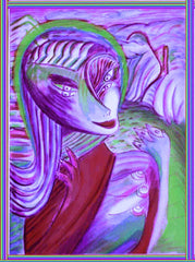 computer women in the country ,holding birds, betwen fingers, by the neck