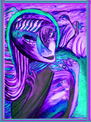 computer women in the country ,holding birds, betwen fingers, by the neck
