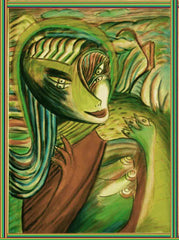computer women in the country ,holding birds, betwen fingers, by the neck