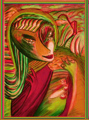computer women in the country ,holding birds, betwen fingers, by the neck