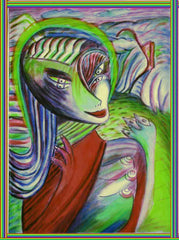 computer women in the country ,holding birds, betwen fingers, by the neck