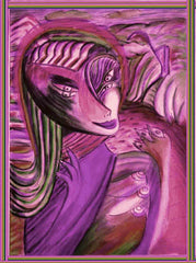 computer women in the country ,holding birds, betwen fingers, by the neck