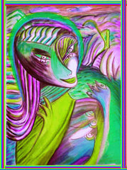 computer women in the country ,holding birds, betwen fingers, by the neck