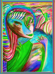 computer women in the country ,holding birds, betwen fingers, by the neck