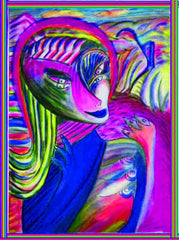computer women in the country ,holding birds, betwen fingers, by the neck