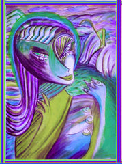 computer women in the country ,holding birds, betwen fingers, by the neck