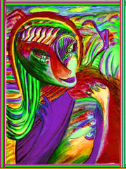 computer women in the country ,holding birds, betwen fingers, by the neck
