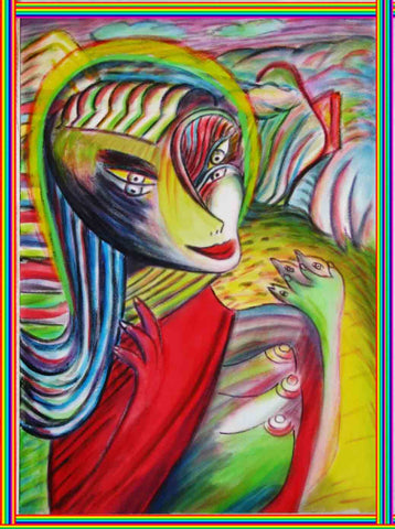 computer women in the country ,holding birds, betwen fingers, by the neck
