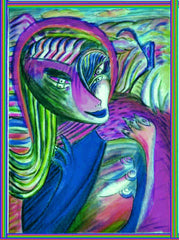 computer women in the country ,holding birds, betwen fingers, by the neck