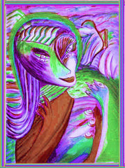 computer women in the country ,holding birds, betwen fingers, by the neck