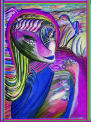 computer women in the country ,holding birds, betwen fingers, by the neck