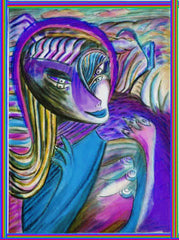 computer women in the country ,holding birds, betwen fingers, by the neck