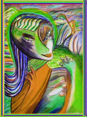 computer women in the country ,holding birds, betwen fingers, by the neck