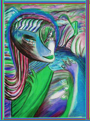 computer women in the country ,holding birds, betwen fingers, by the neck