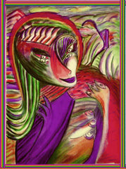 computer women in the country ,holding birds, betwen fingers, by the neck