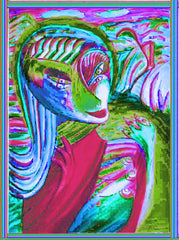 computer women in the country ,holding birds, betwen fingers, by the neck